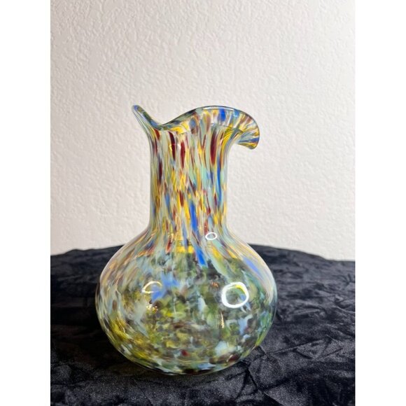 Hand-Blown Art Glass Vase Confetti Splash Swirl Pattern Ruffled Edge 7-3/4" - Picture 2 of 12